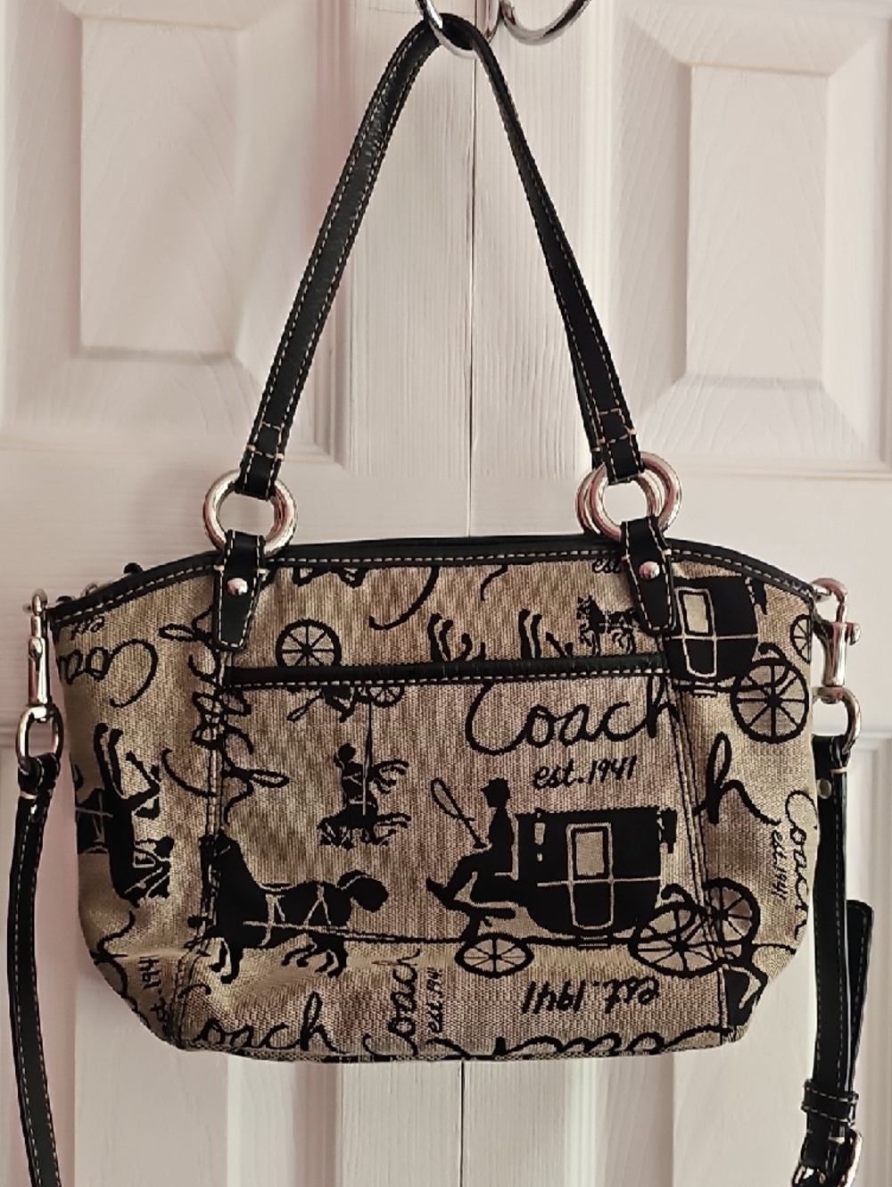 Coach Beige and Black Script & Carriage Shoulder Bag - Picture 3 of 12